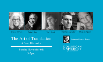 Black-and-white head shots of authors speaking in Art of Translation series at ֱ surrounded by blue border and text