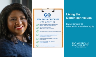 a slide shows ֱ University of California alumna, Darcel Sanders, FAFSA checklist and the title "Living the ֱ Values"